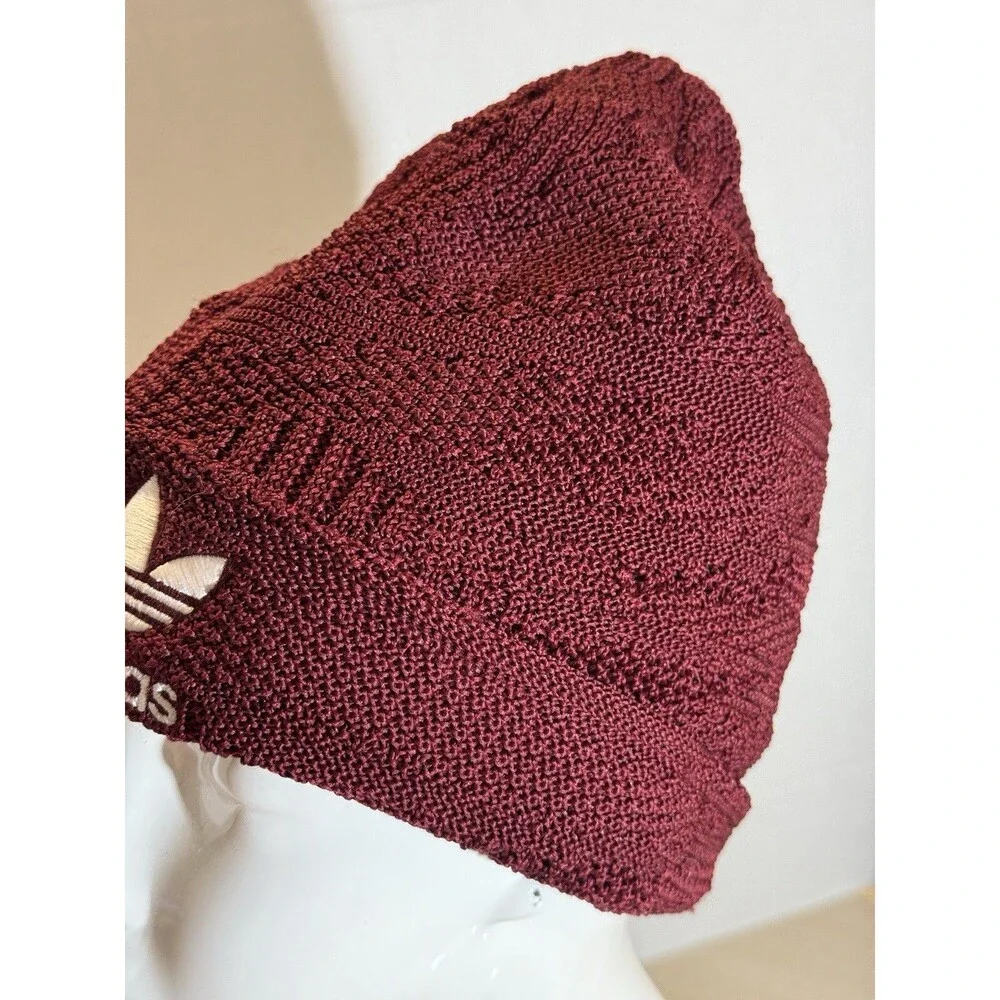 Adidas Burgundy Texture Knit Lined Embroidered White Logo Cuffed Beanie Hat Cap